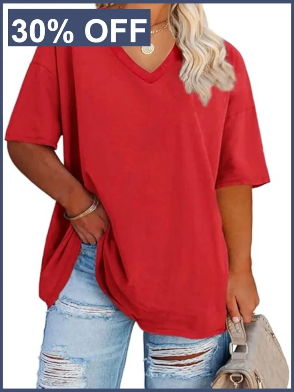 Plus Size V Neck Tunic Tee Short Sleeve Loose Fit Cotton T Shirt
